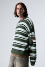 Dark Green Stripe - Relaxed Knitted Striped Hairy Sweater - 1