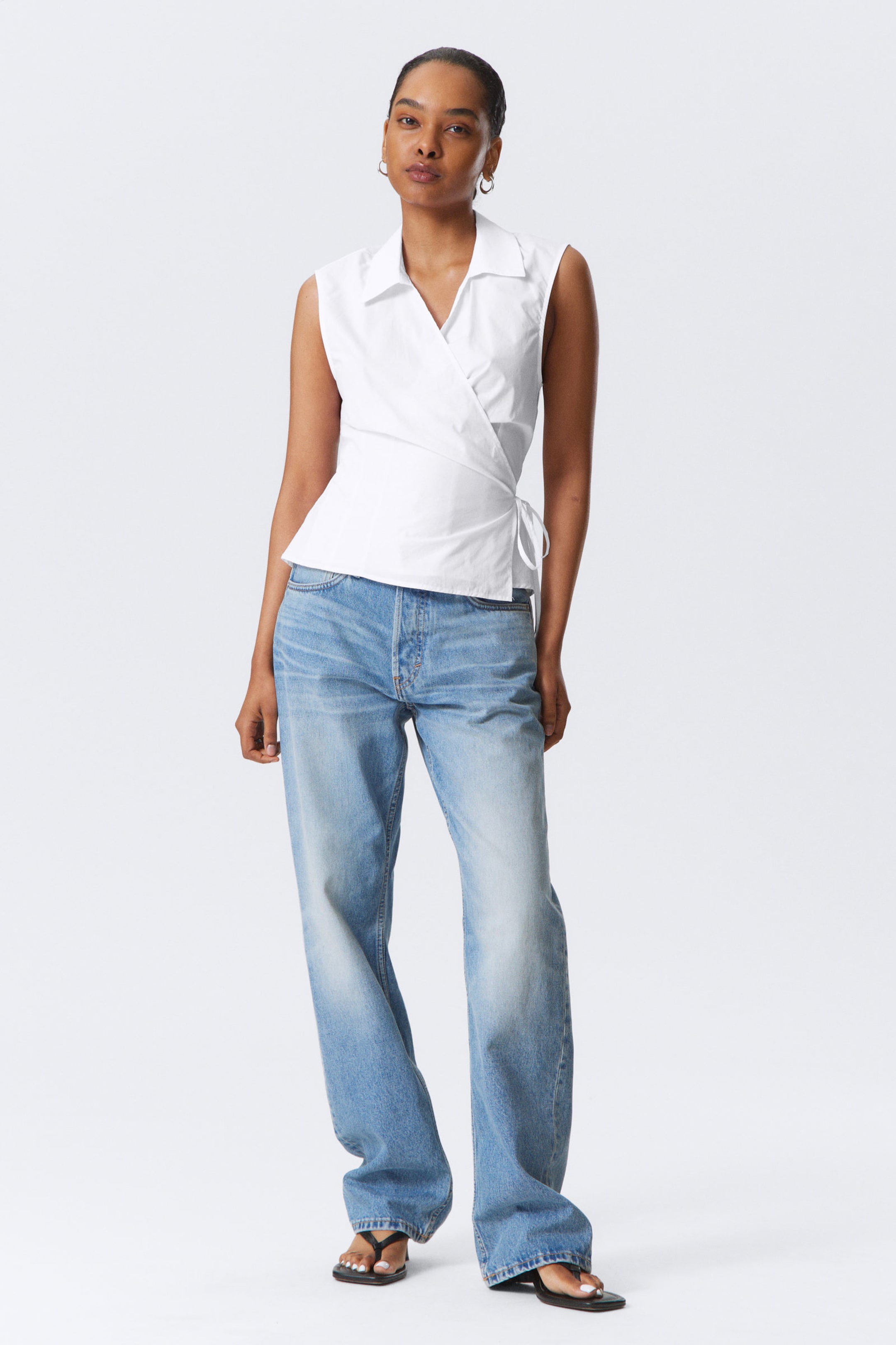 #FFFFFF - Sleeveless Cotton Wrap Top - 2