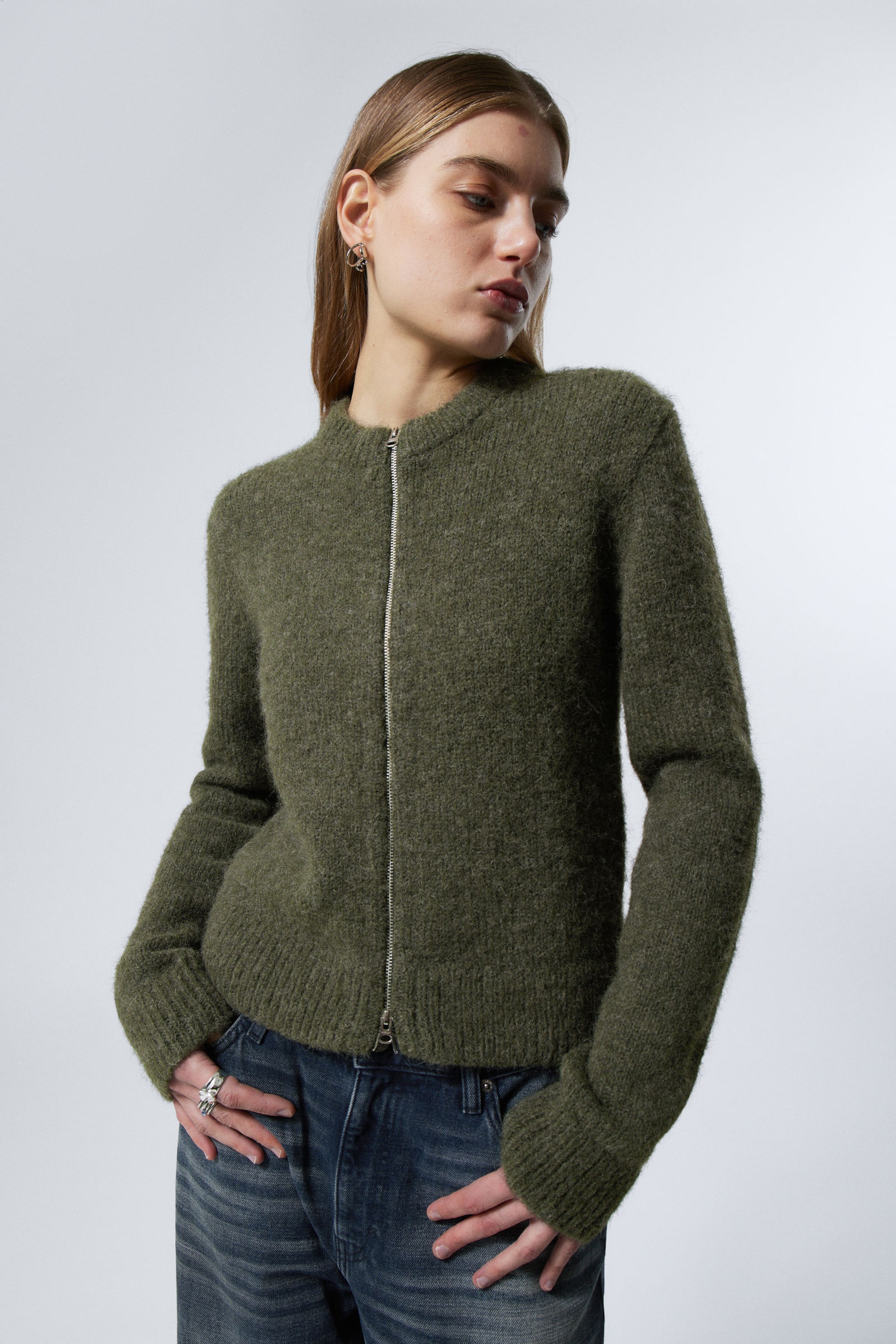 Dark Khaki Green - Slim Knitted Zip Cardigan - 0