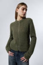 Dark Khaki Green - Slim Knitted Zip Cardigan - 0