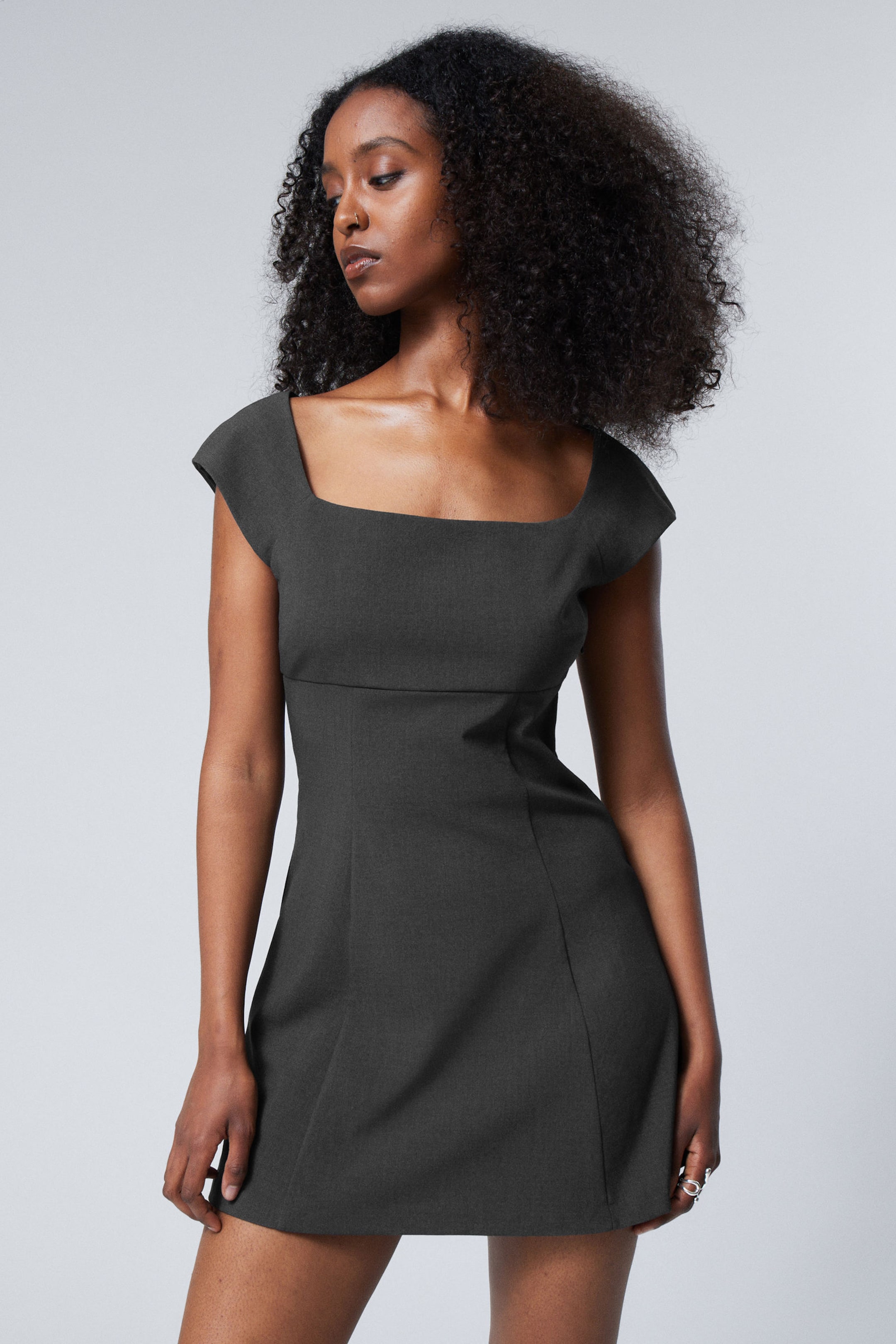 Dark Grey - Square Neck Mini Dress - 1