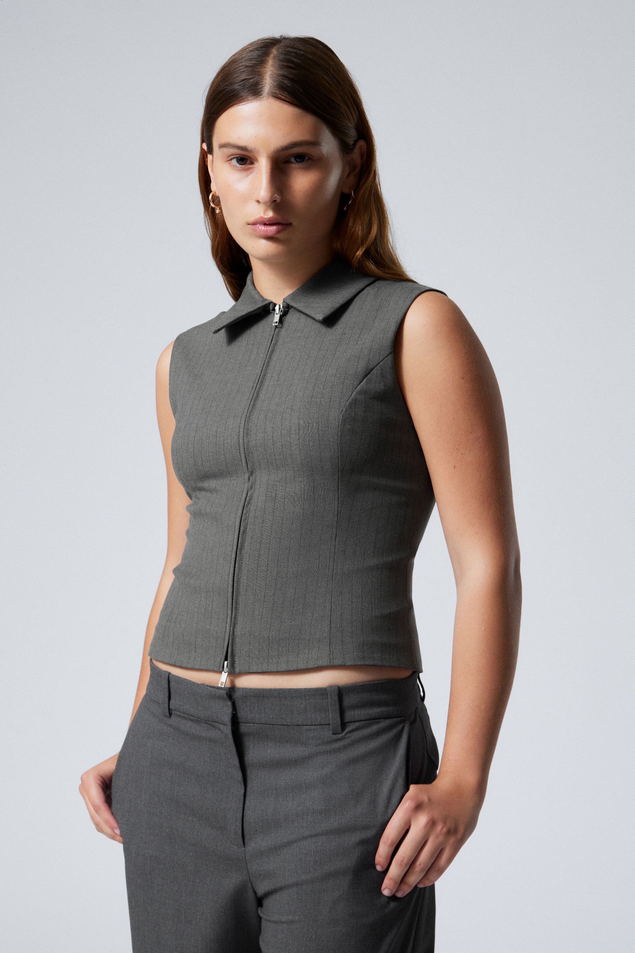 Dark Grey Pinstripe - Slim Zip Vest Top - 0