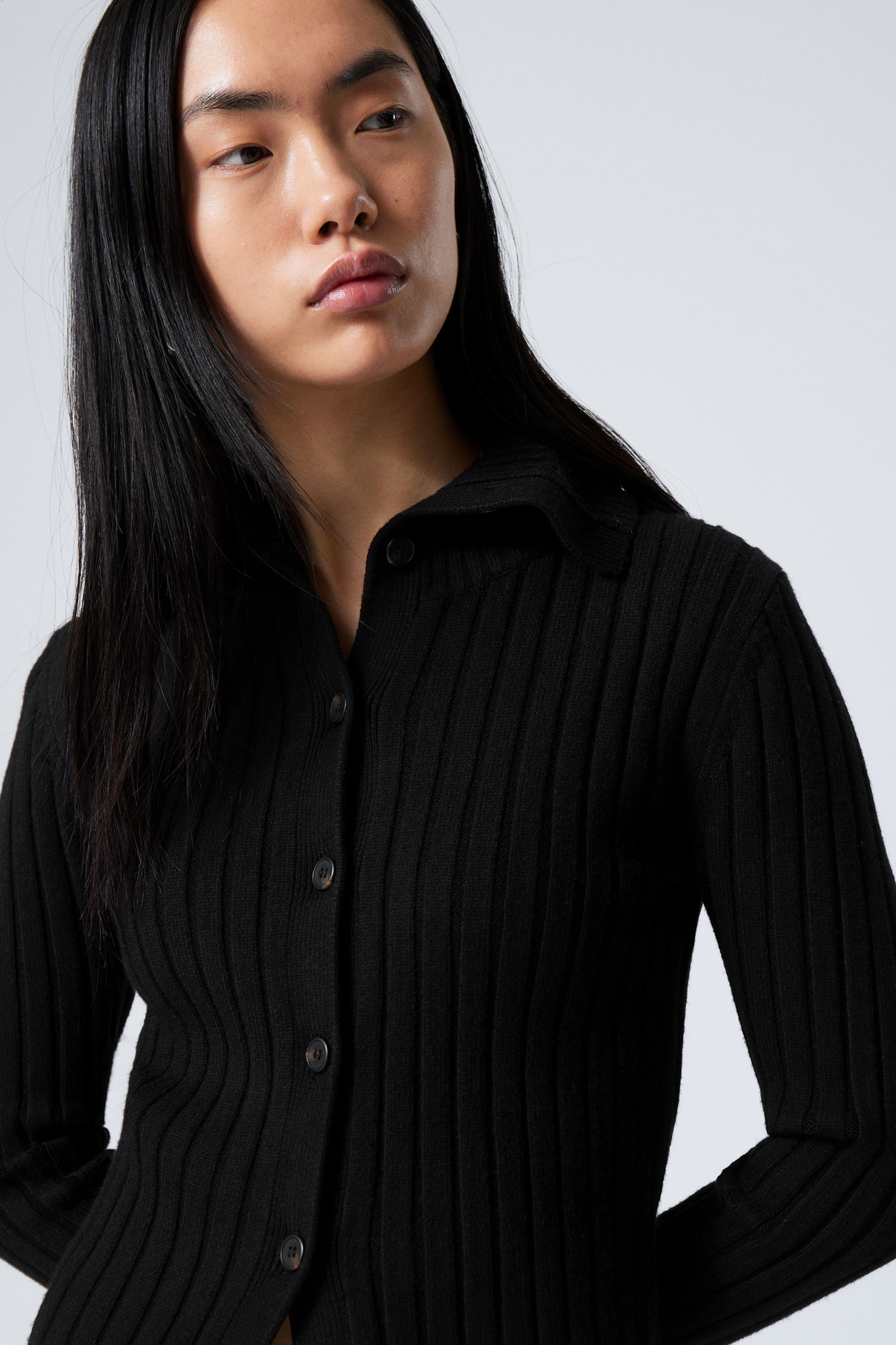 Black - Slim Knitted Turtleneck Cardigan - 1