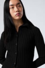 Black - Slim Knitted Turtleneck Cardigan - 1