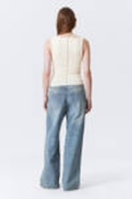White - Sleeveless Lacing Boat-Neck Eyelet Top - 3