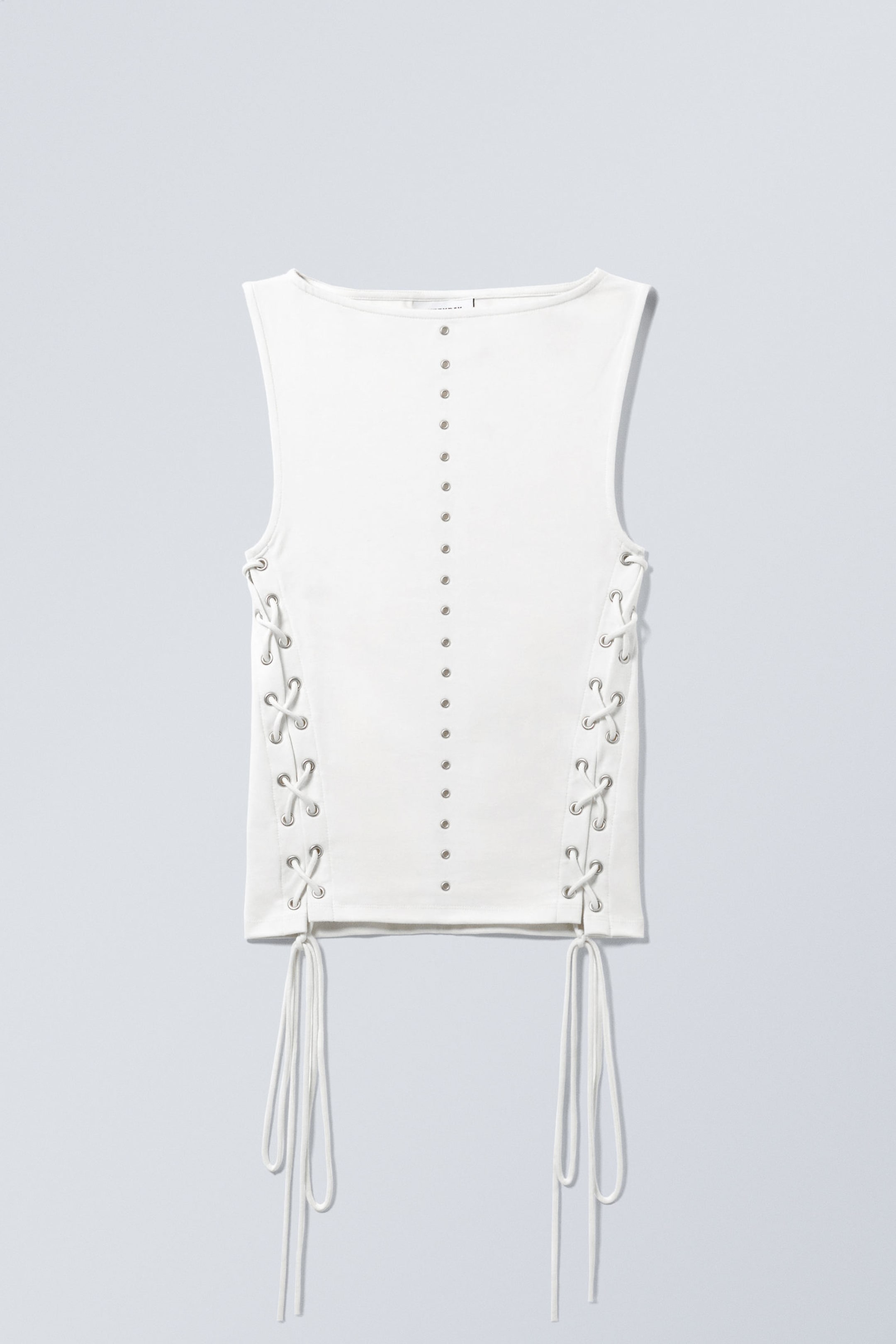 White - Sleeveless Lacing Boat-Neck Eyelet Top - 1