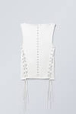 White - Sleeveless Lacing Boat-Neck Eyelet Top - 1