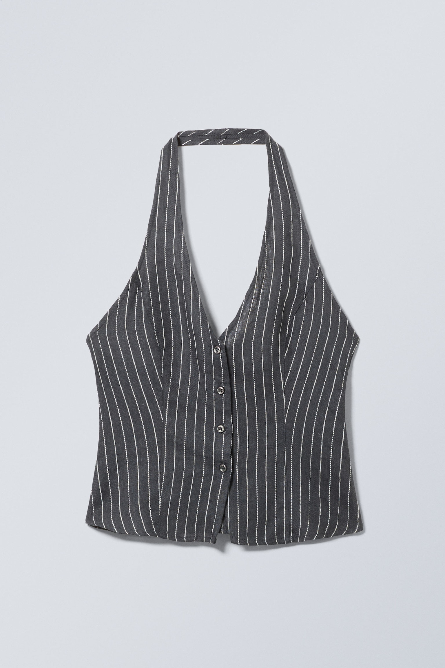 Linen Striped Crew Neck Top with Contrasting Trim and Necklace