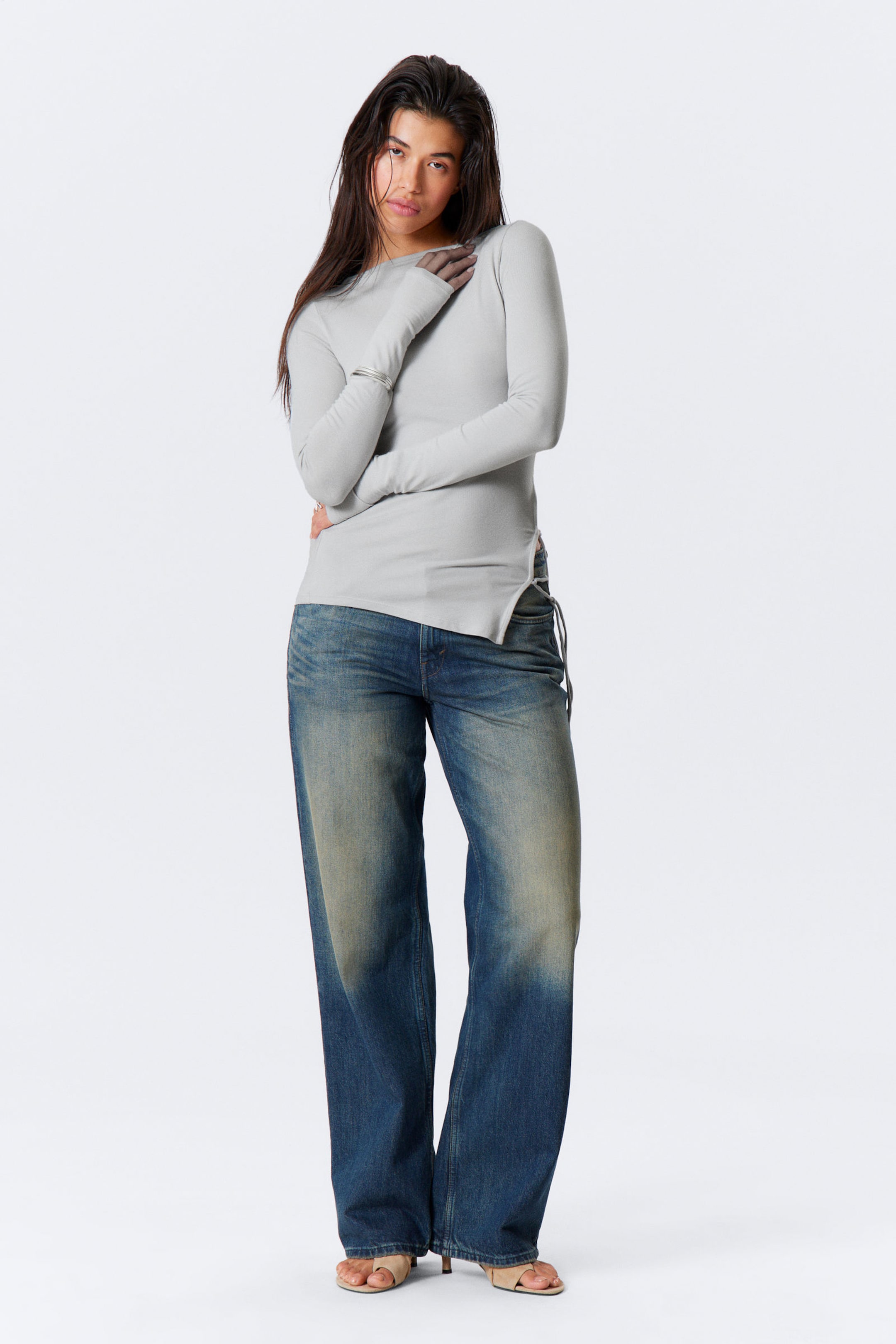 #BABBBD - Asymmetric Long-Sleeved Cross Back Top - 2