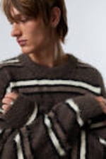 Brown Stripe - Relaxed Knitted Striped Hairy Sweater - 1