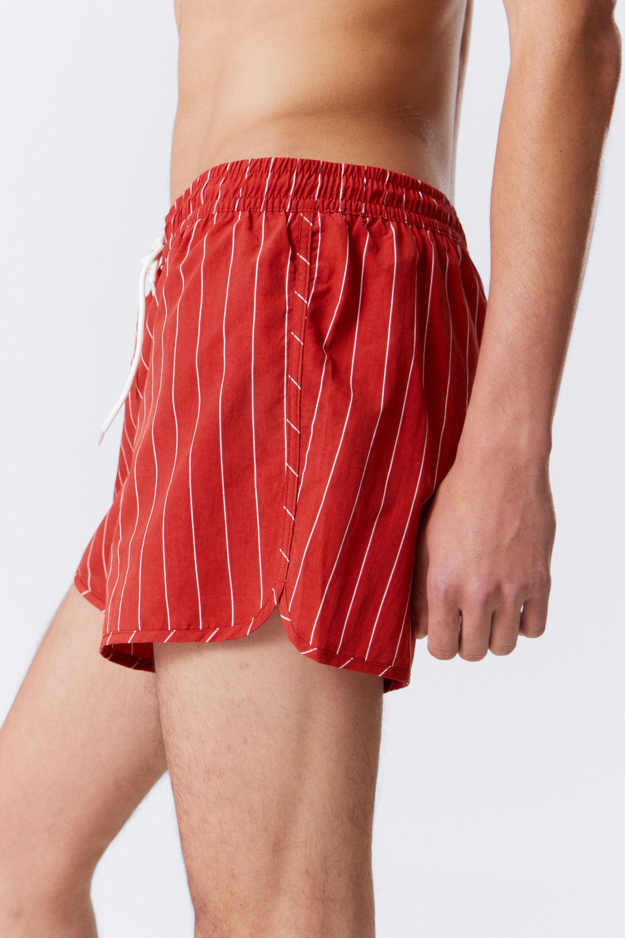 Striped Red - Striped Structured Mid-Thigh Swim Shorts - 2