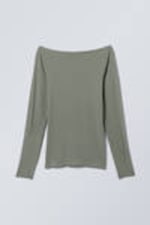 Dusty Khaki - Sheer Boatneck Long Sleeve - 0