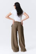 Beige - Low Rise Wide Leg Crinkled Trousers - 2