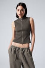 Dark Grey - Sleeveless Ribbed Zip-Top - 1