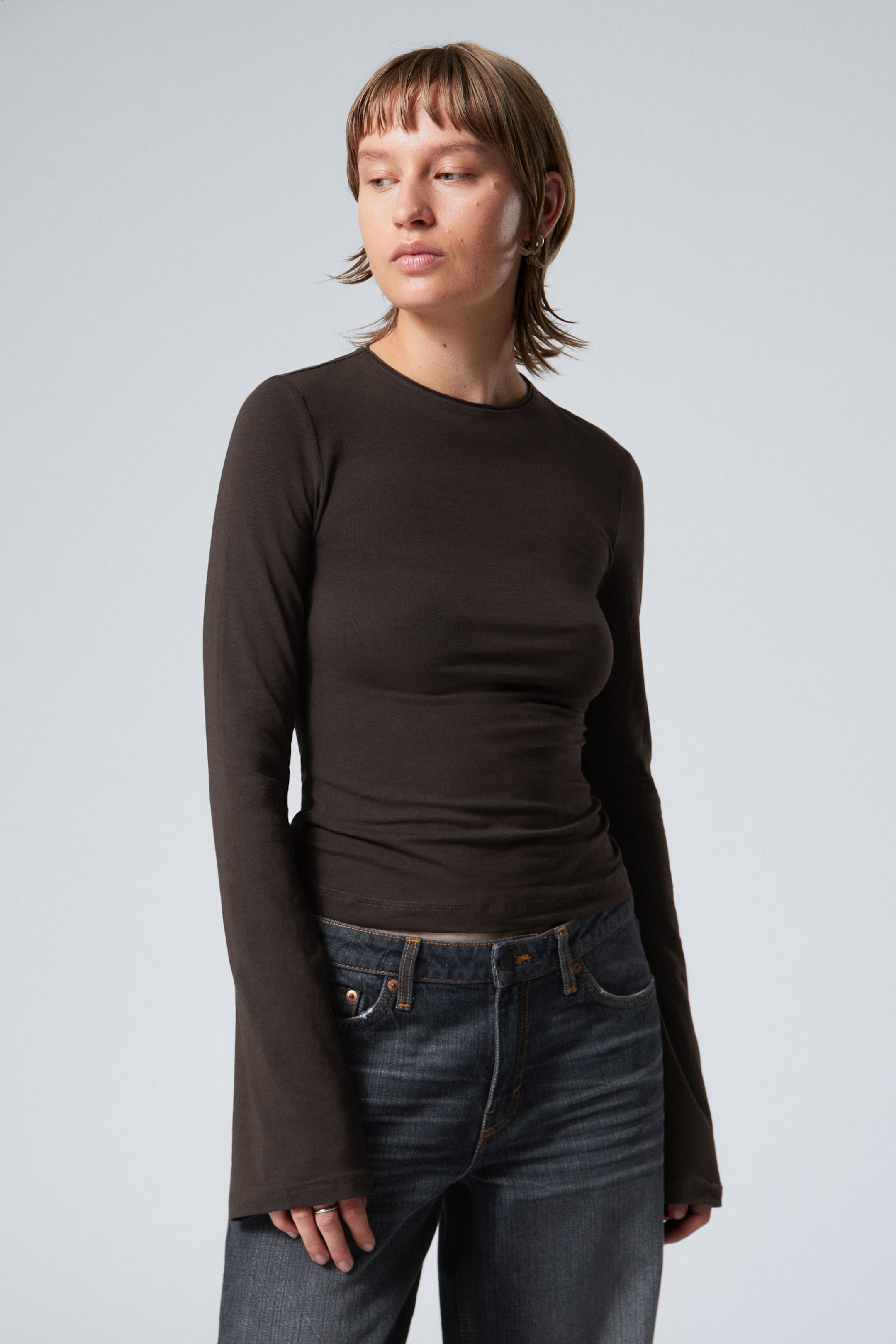 Dark Brown - Long Sleeve Cotton Top - 1