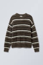 Brown Stripe - Relaxed Knitted Striped Hairy Sweater - 2