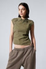 Dark Khaki Green - Cap-Sleeved Asymmetric Ripstop Top - 0