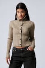 Dusty Beige - Slim Knitted Turtleneck Cardigan - 0