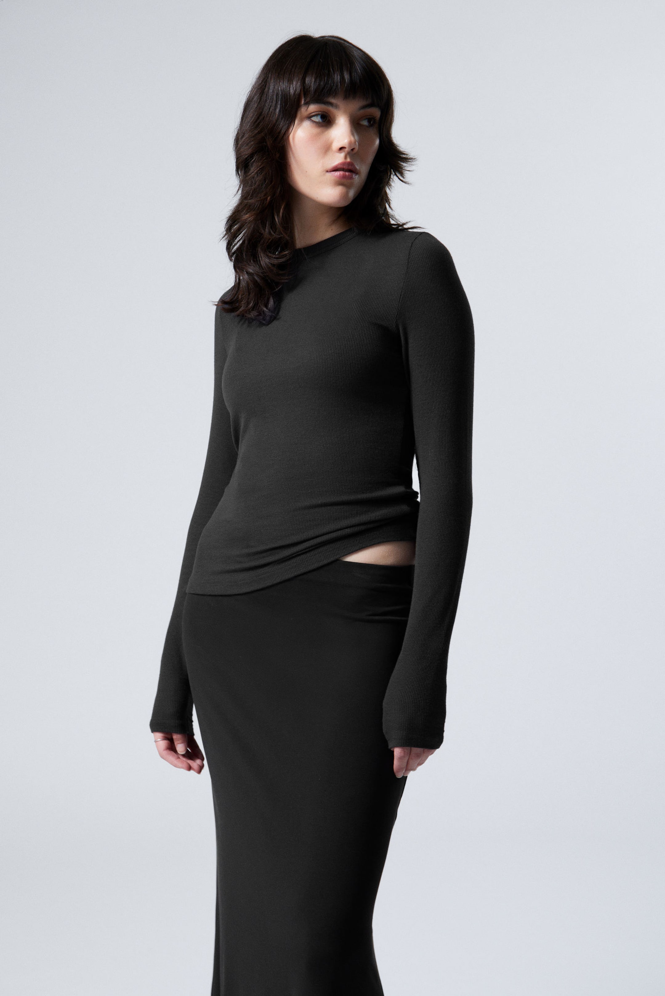 Dark Grey - Sheer Ribbed Long Sleeve Top - 1