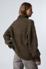 Dark Mole Melange - Loose Knitted Turtleneck Sweater - 3