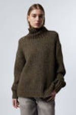 Dark Mole Melange - Loose Knitted Turtleneck Sweater - 0