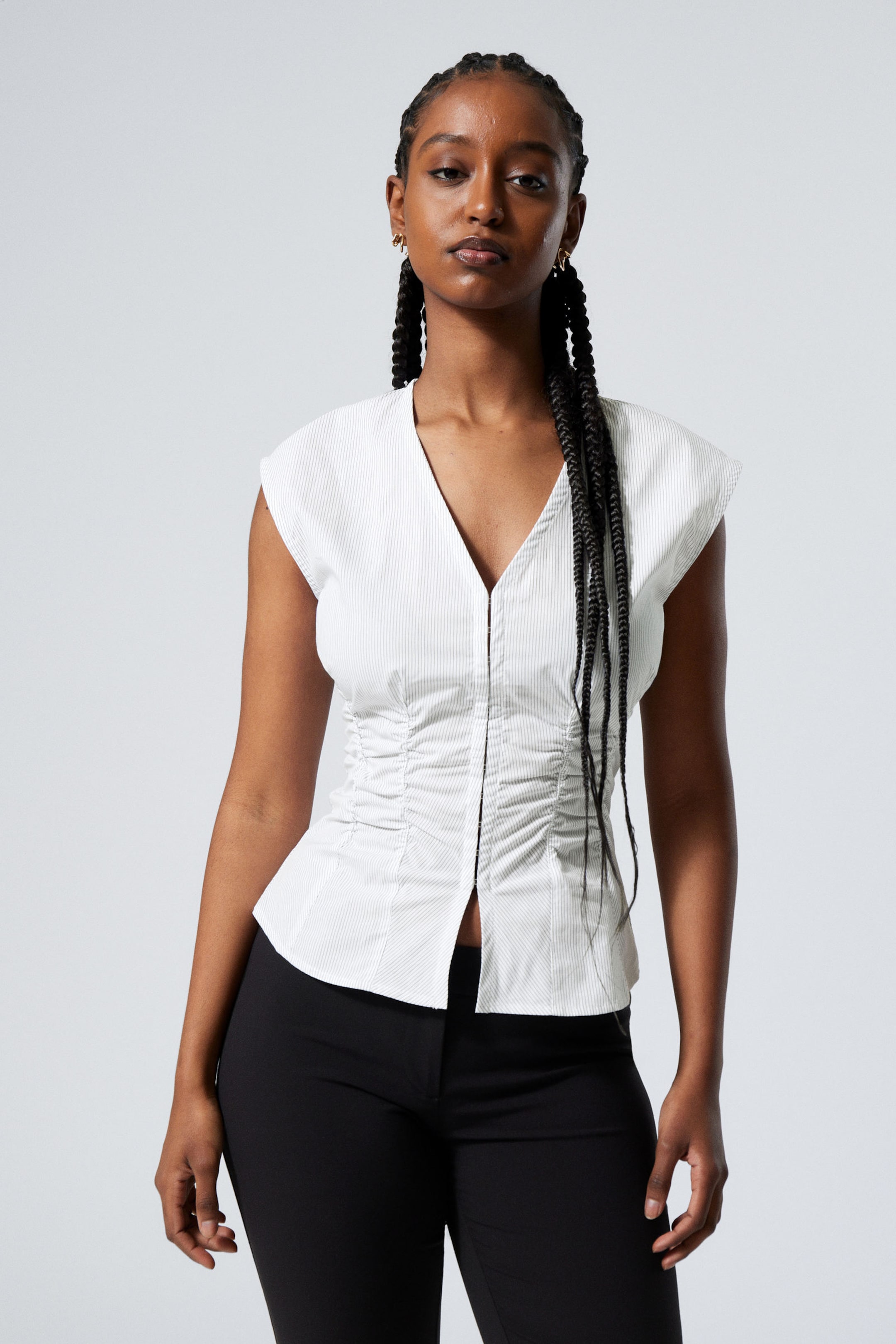 Striped White - Sleeveless Gathered Poplin Top - 0