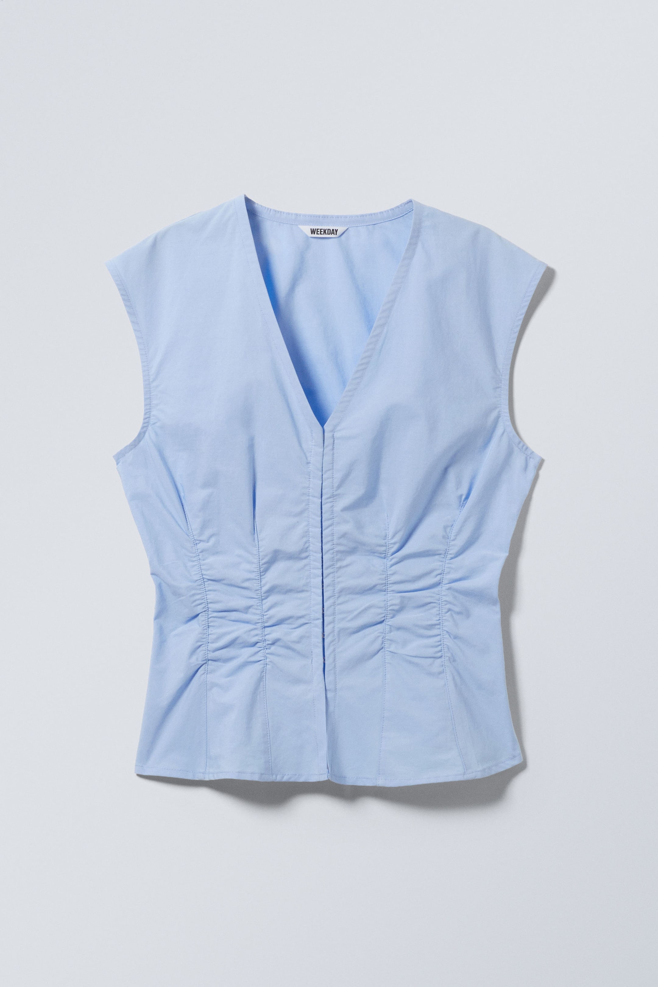 Light Blue - Sleeveless Gathered Poplin Top - 2