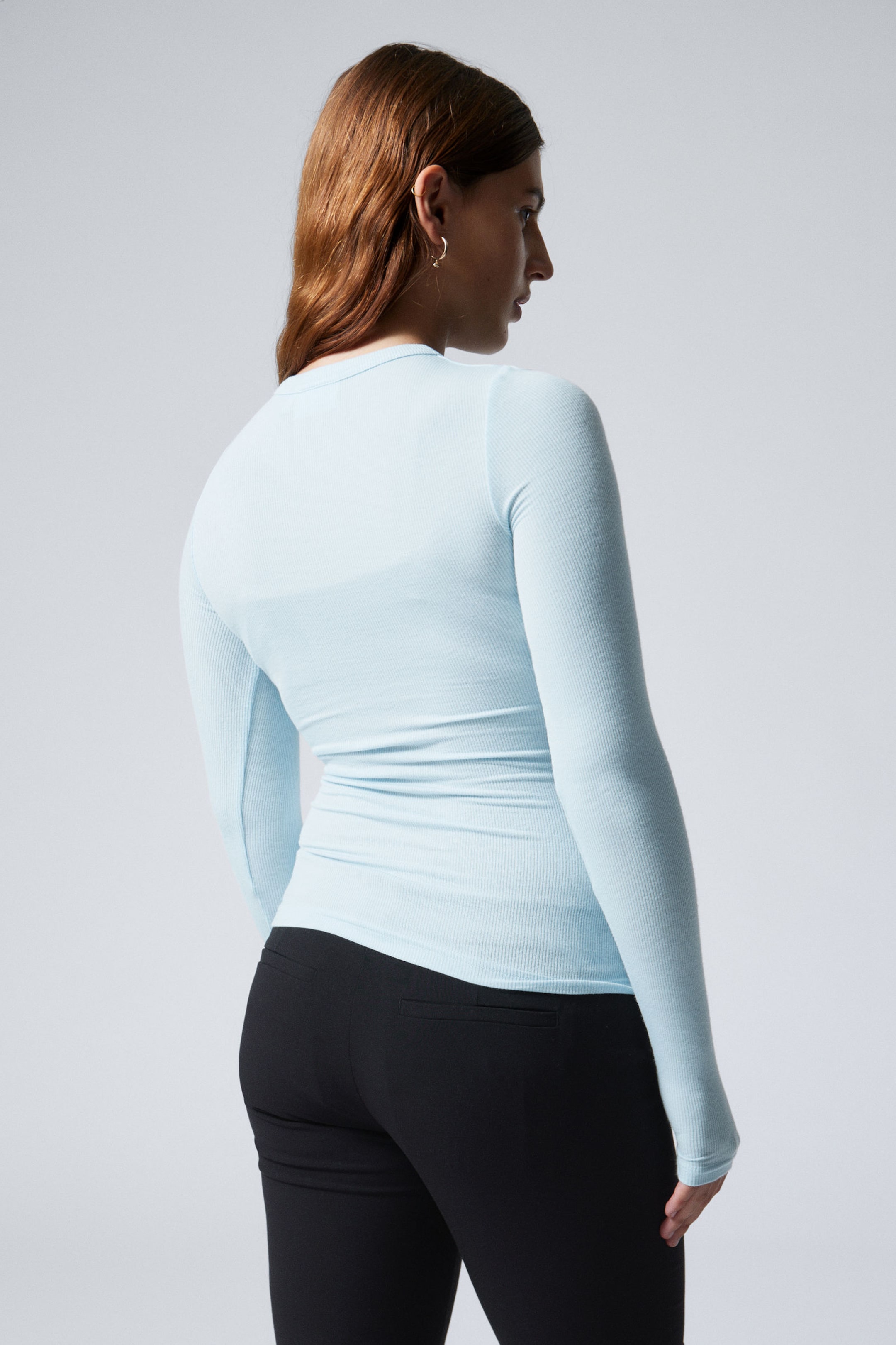 Light Blue - Sheer Ribbed Long Sleeve Top - 2