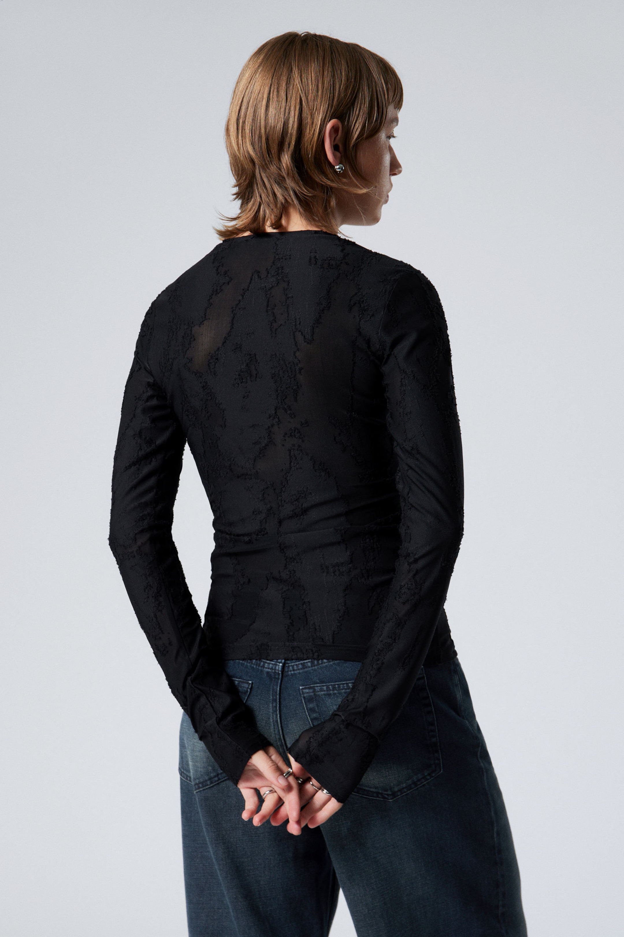 Black Jacquard - Fitted Long-Sleeve Jacquard Top - 3