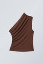 Dark Red - Sleeveless Gathered One-shoulder Top - 1