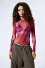 Verschwommenes Rot - Bedrucktes Longsleeve-Netzoberteil - 0