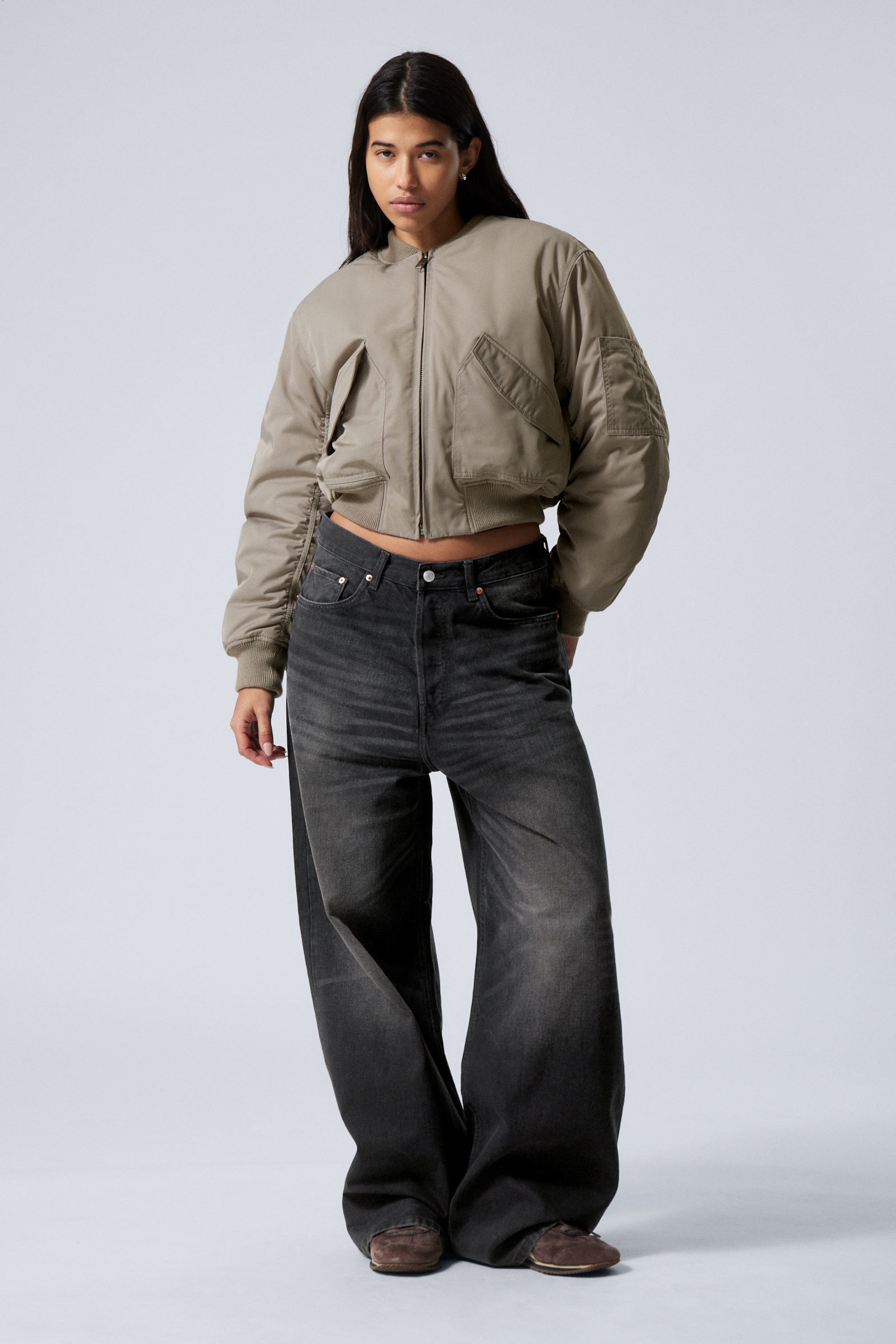 #7F7A72 - Cropped Bomber Jacket - 1