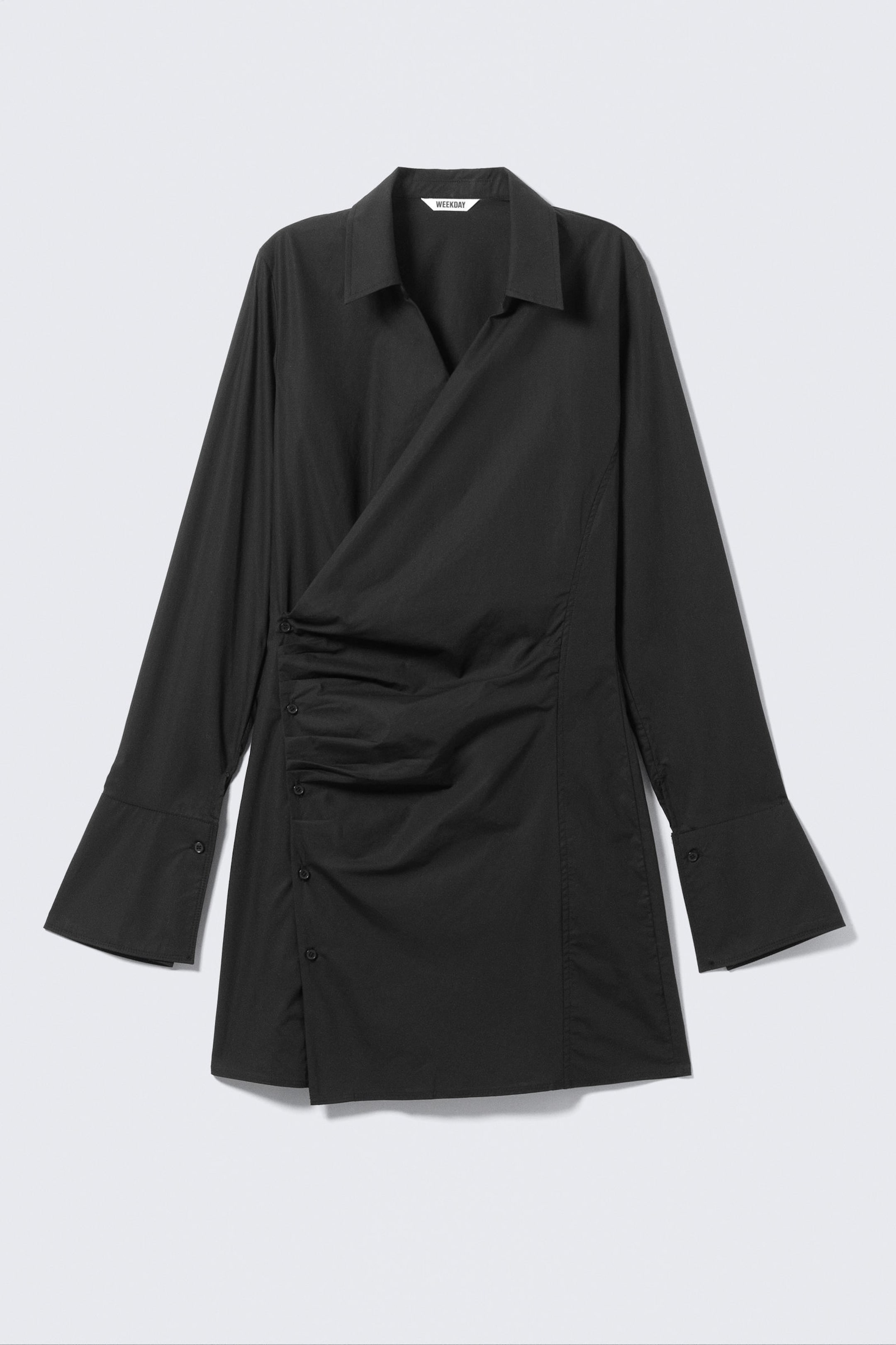 Black - Long-Sleeved Asymmetric Mini Shirt Dress - 4