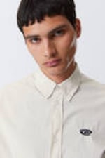 Embroidered Striped Beige - Oversized Striped Button-Down Poplin Shirt - 1