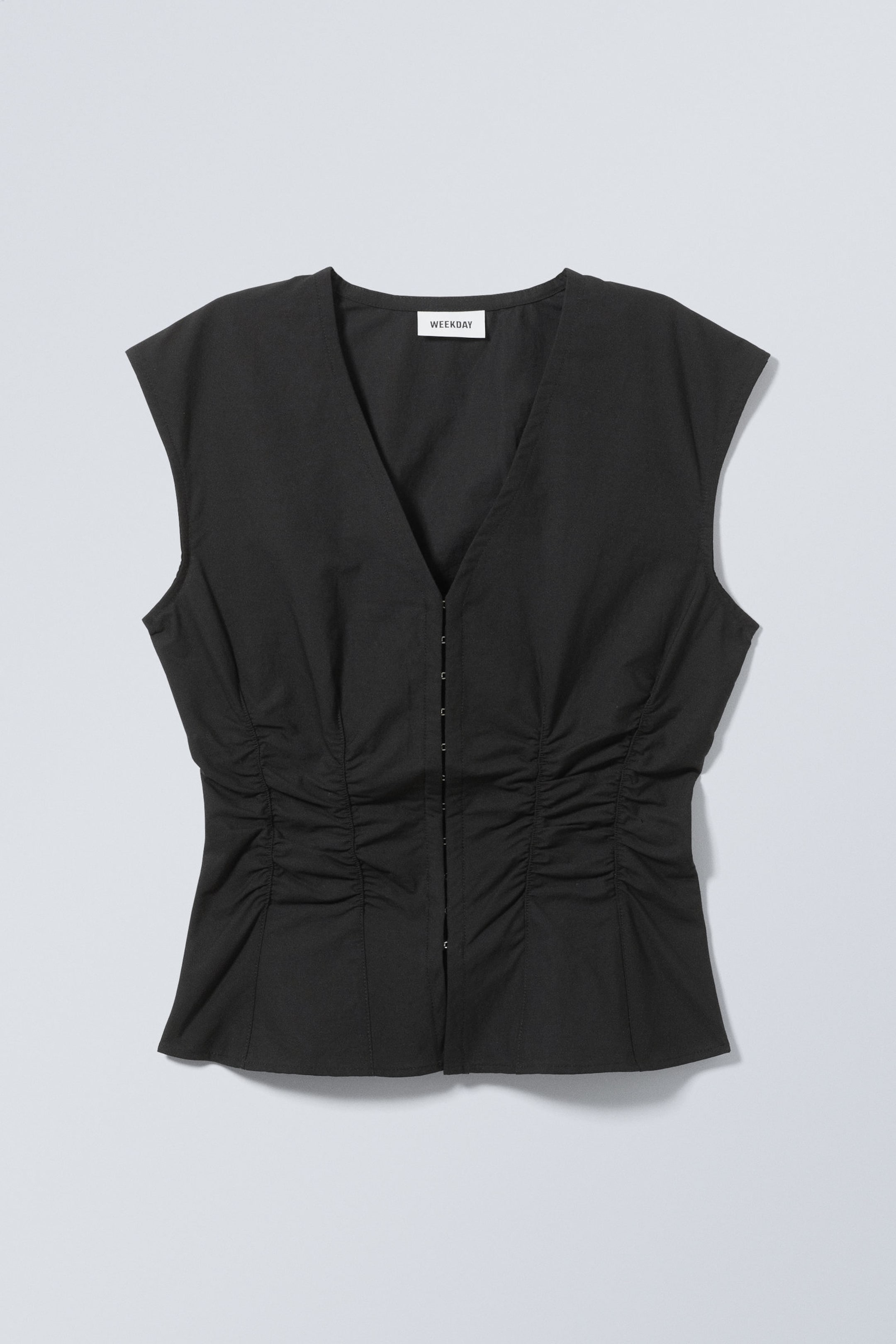 Black - Sleeveless Gathered Poplin Top - 2