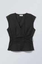 Black - Sleeveless Gathered Poplin Top - 2