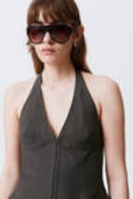 Dark Grey - Tie-Back Hook-and-Eye Halterneck Top - 1