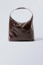 Glossy Brown - Square Faux Leather Shoulder Bag - 0