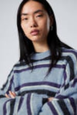 Blue Multi Stripe - Loose Graphic Knitted Sweater - 1