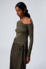 Khaki Green - Off-shoulder Drape Top - 0