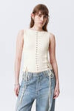 White - Sleeveless Lacing Boat-Neck Eyelet Top - 0