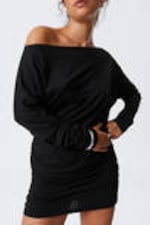 Schwarz - Drapiertes, asymmetrisches Langarm-Minikleid - 1