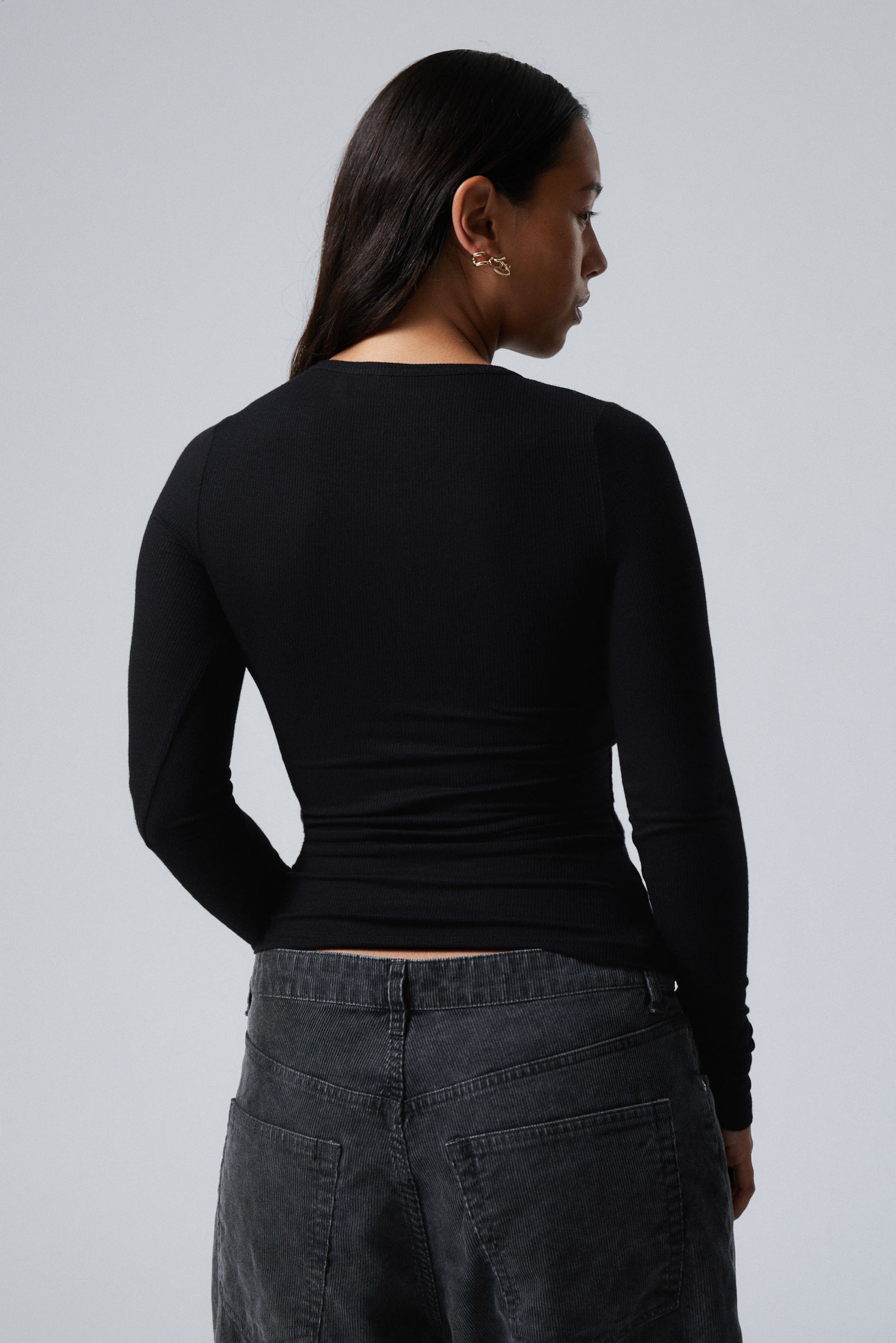 Black - Sheer Rib Long Sleeve Henley Top - 3