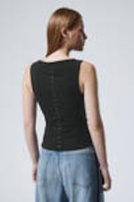 Black - Sleeveless Lacing Boat-Neck Eyelet Top - 3