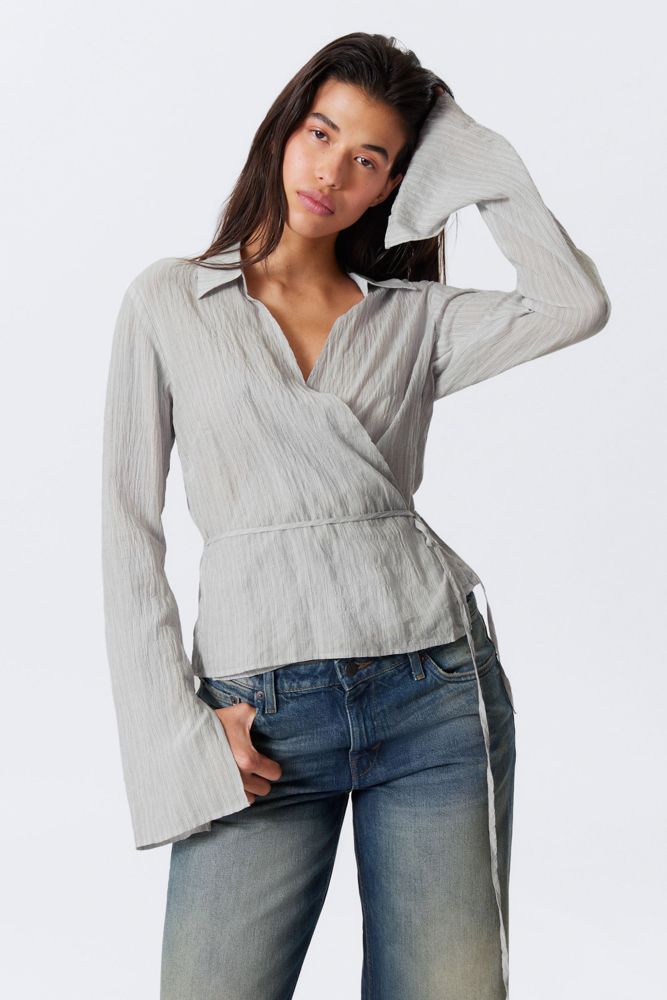 #BABBBD - Textured Long-Sleeved Wrap Shirt - 1