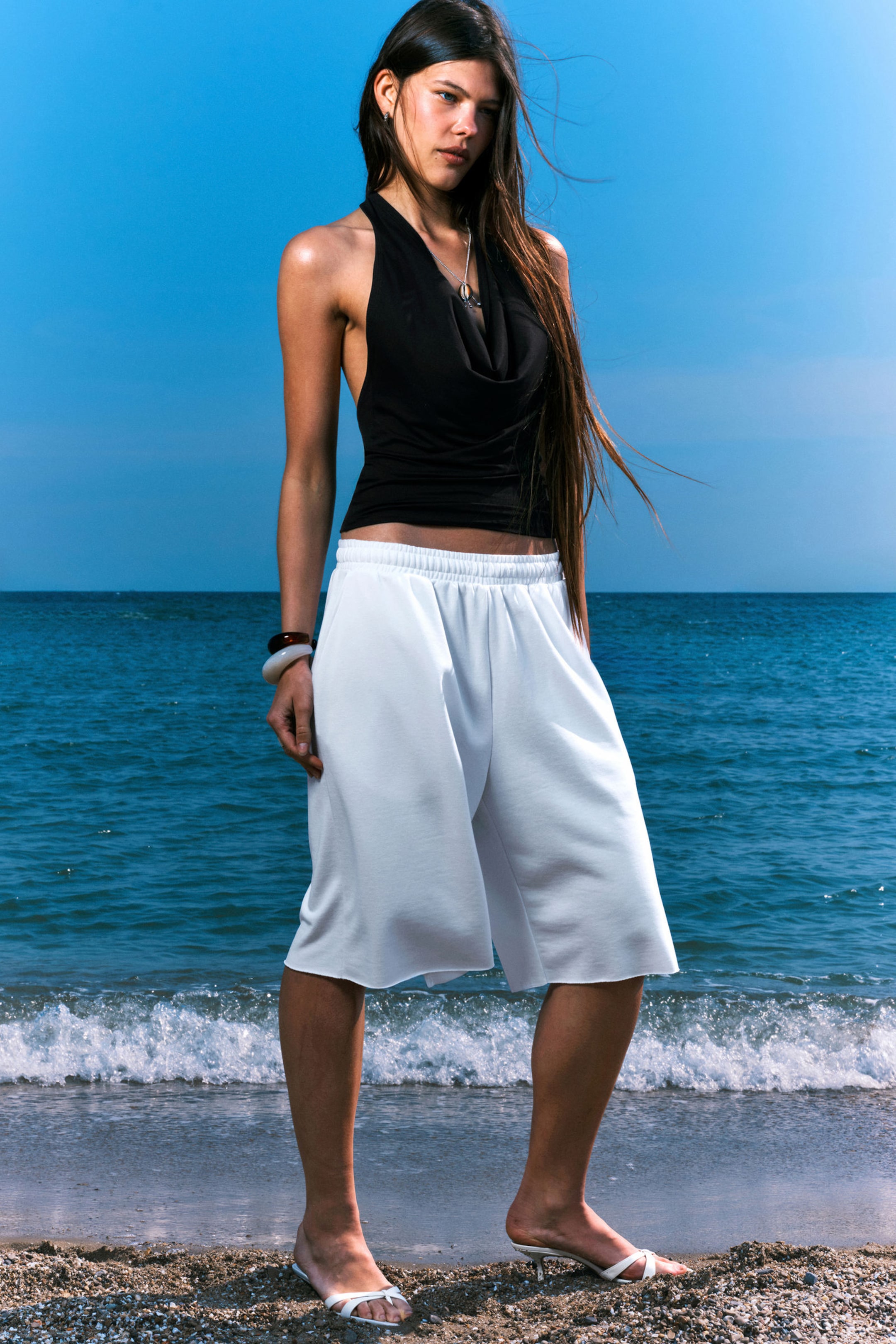 #FFFFFF - Oversized Knee-length Terry Shorts - 1