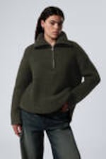 Dark Green - Rib-Knit Half-Zip Turtleneck Sweater - 0