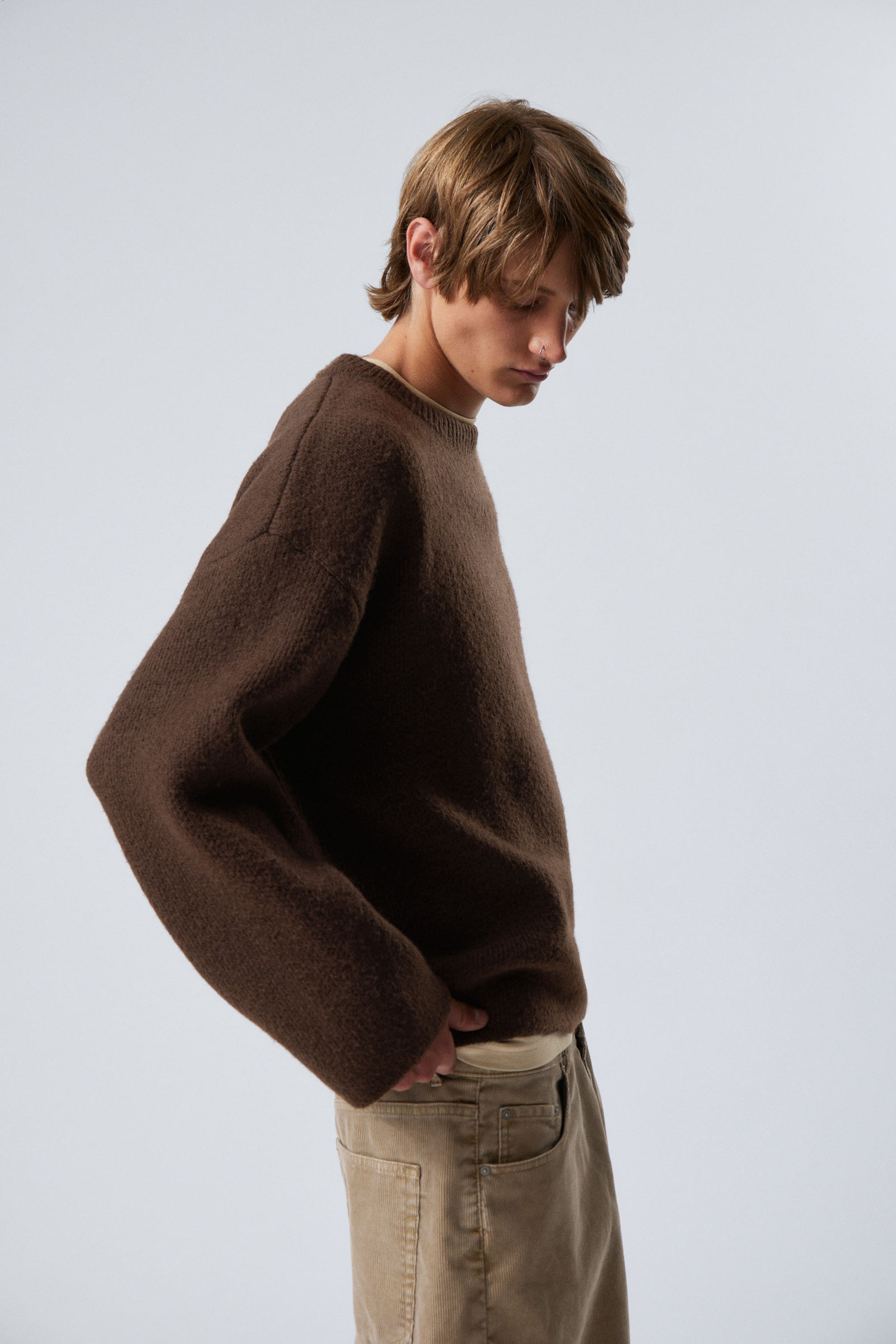 Dark Brown - Teo Oversized Wool Blend Knit Sweater - 3