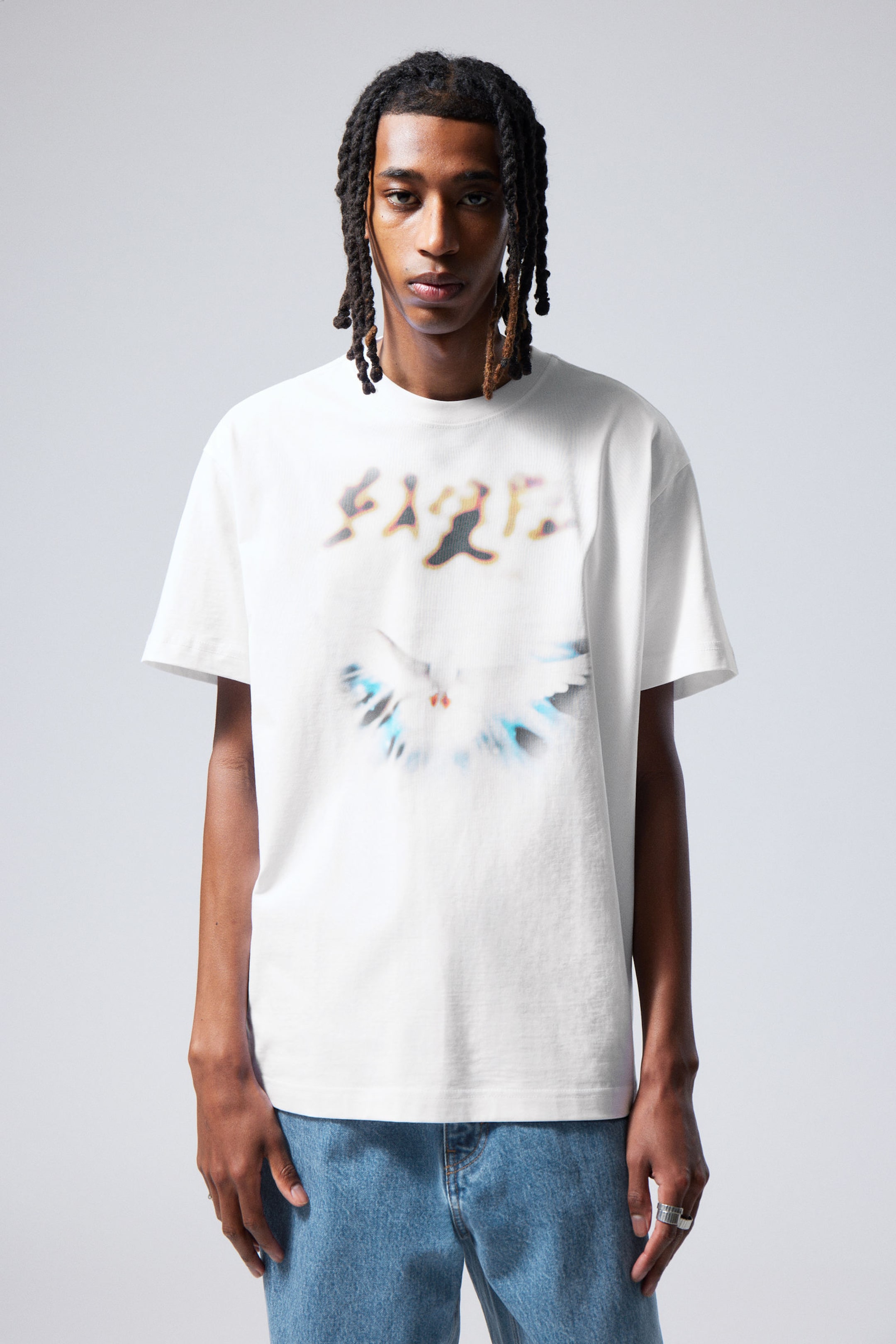 White - Blurry Dove - Oversized Graphic Printed T-shirt - 0