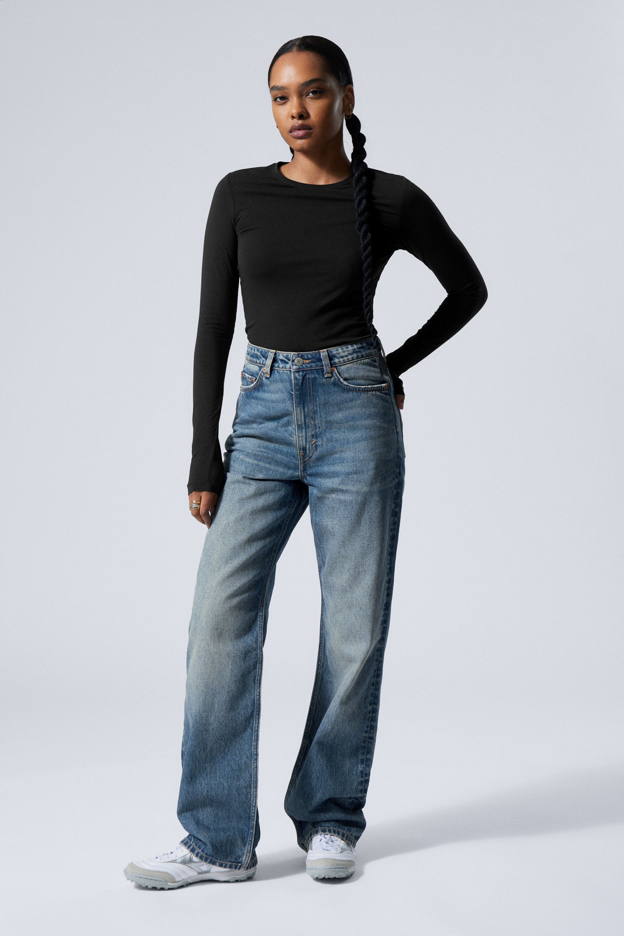 rowe super high waisted regular straight leg jeans Iron Blue Medium Blue Weekday DK